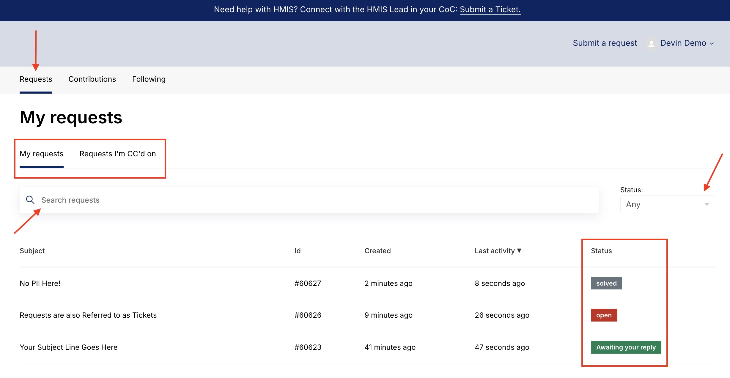 Screenshot of the My Requests page.